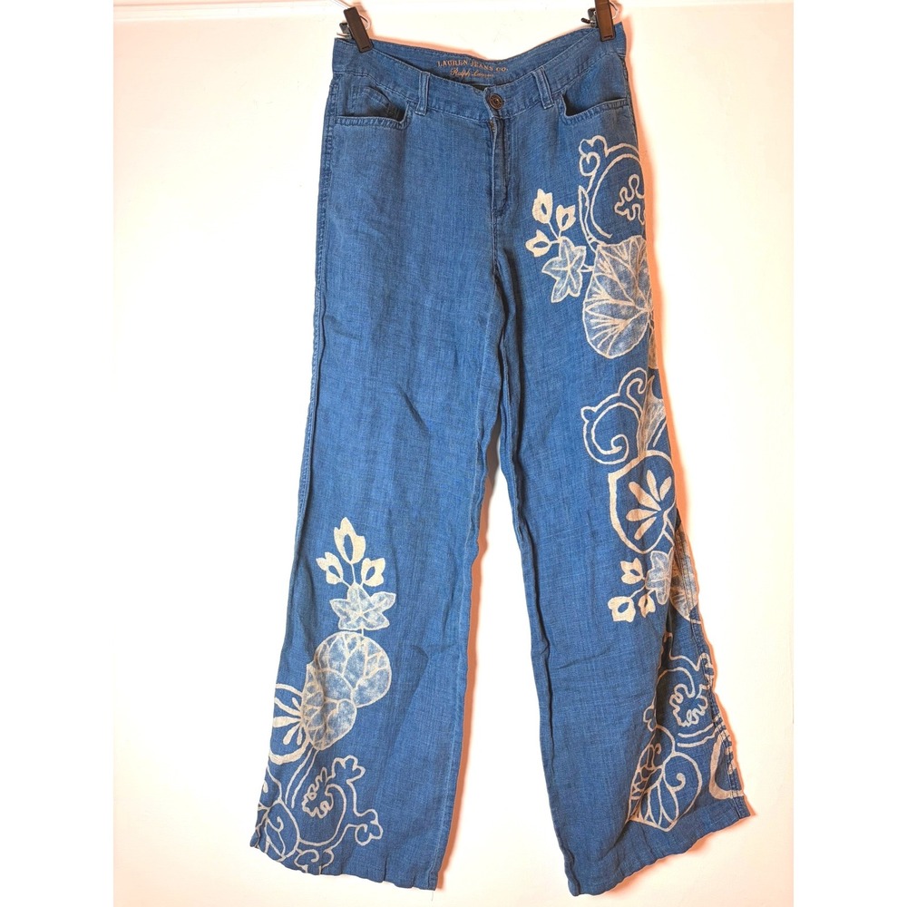 Ralph Lauren Blue White Linen Batik Floral Low-rise Wide Leg Pants Womens 4